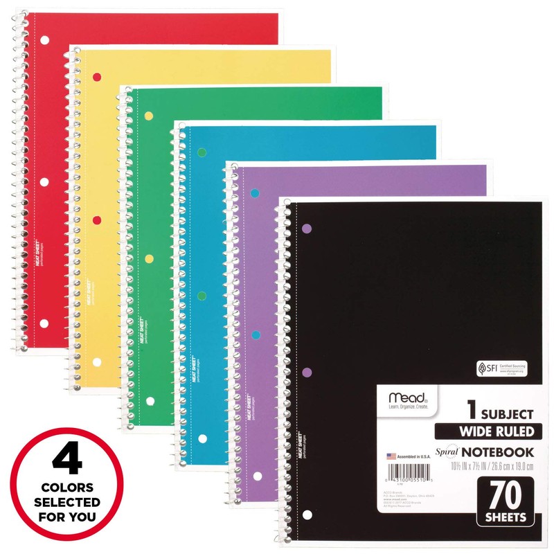 Mead Spiral Notebook, 4 Pack, 1-Subject, Wide Ruled Paper, 7-1/2"