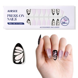AIRSEE Cat Eye Press On Nails Almond - Purple Butterfly, Medium, Transparent Style, 30 Pcs in 15 Sizes, Easy Application, Reusable Fake Nails Kit with Accessories Included