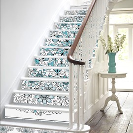 funlife 14PCS Boho Mandala Totem Peel and Stick Stair Riser Stickers, Self Adhesive Vinyl Staircase Riser Decals Decor for Steps, 39.37"X7.09" Dark Turquoise Border Mandala