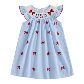 Yxniwxe Toddler Little Kids 4th of July Baby Girl Outfits Smocked Bow USA Embroidery Flutter Sleeve Striped Romper Dress 2-6T (Blue Dress-Bow and USA, 2-3 Years)