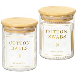 Luxspire 2 Pack Glass Qtip Holder Dispenser, 13.4 oz Cotton Swab Holder with Bamboo Lids, Glass Apothecary Jars Bathroom Accessories Canisters for Cotton Swabs, Balls, Pads, Floss Picks