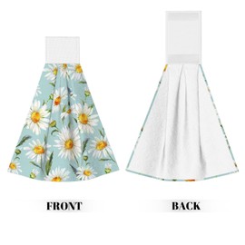 PDDCWAY 2Pcs Rustic White Daisy Flower Kitchen Hand Towels Watercolor Floral Hanging Tie Towels with Loop & Hook Soft Vintage Flowers Teal Dishcloths for Bathroom Washroom Guestroom Hotel