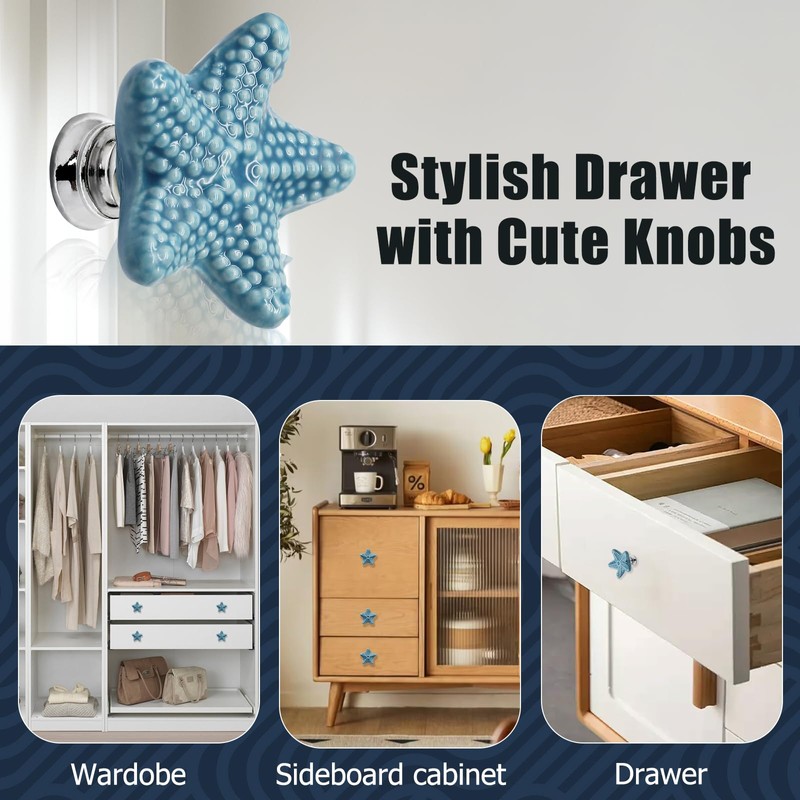 Luomorgo 4 Pack Ceramic Starfish Drawer Knobs - Coastal Blue