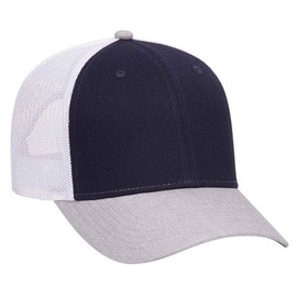 Ashen Fane 6 Panel Heather Blend Twill Structured Low Profile Mesh Back Snapback Trucker Hat, Heather Gray/Navy/White