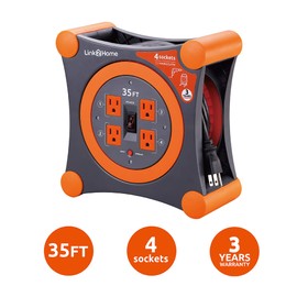 Link2Home Cord Reel 35 ft. Extension Cord 4 Power Outlets – 14 AWG SJTW Cable.