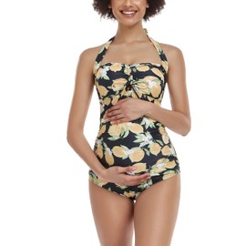 EastElegant Maternity Swimwear One Piece Halter Pregnancy Swimsuit Floral Bathing Suits with Adjustable Chest Drawstring(Lemons,Large)