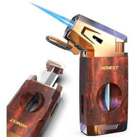 Butane Torch Lighter with V Cutter, Windproof Jet Flame Lighter Torch Refill, Adjustable Refillable Butane Lighter Gifts for Men, with Fuel Window, Fuel not Include