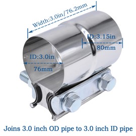 Exhaust Pipe Clamp 3.0 Inch Butt Joint Exhaust Clamp for 3" ID to 3" OD Pipe with Seal Band Clamp Sleeve 3 Inch Width 304 Stainless Steel (2PCS)