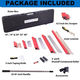 Drywall Tools Skimming Blade with 9 inch Compound Roller - 10", 14", 24"& 32" 40" Blades with 2 Pack 0.3 mm Blades,Taping Knife, Arc Scraper, Construction Tools