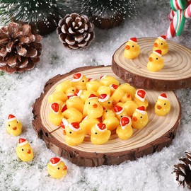 JOISHOP 50pcs Mini Ducks, Resin Mini Christmas Ducks Little Small Tiny Plastic Ducks with Christmas Hat for Christmas Party Bag Fillers Indoor Decoration