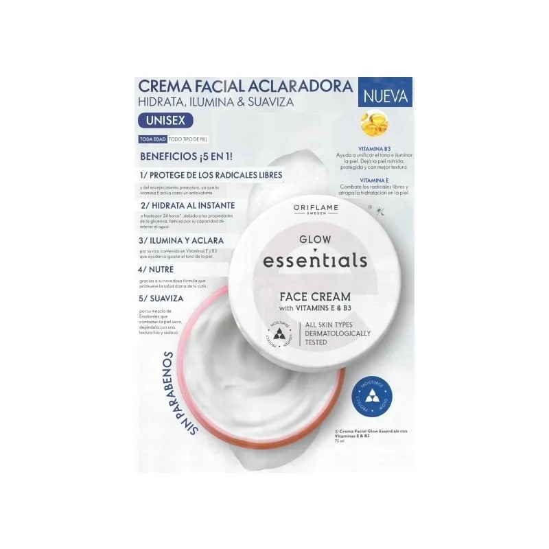 Crema Facial Aclaradora Oriflame Vitaminas E y B3 Glow Essentials