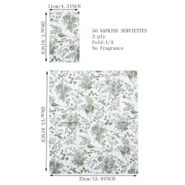 WRAPAHOLIC 50Pcs Sage Green Floral Guest Napkins - Sage Green and White Toile Paper Napkins for Bridal and Baby Shower, Tea Party, Garden Party, Birthday Party - 4.3 x 7.9 In