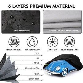 1960-1980 Volkswagen Beetle Sedan 2-Door Saloon Car Cover Waterproof All Weather, with Door Zipper, Windproof Strap, Anti-Theft Lock