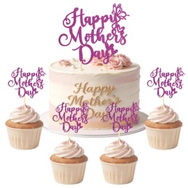Wootkey 25 Pcs Purple Happy Mothers Day Cake Toppers Glitter Mothers Day Decorations Butterfly Cupcake Toppers for Mother's Gift Cake Decorations DIY Flower Bouquet Party Supplies