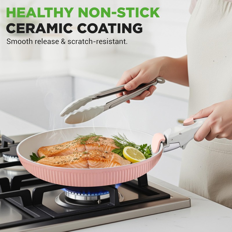 NutriChef 18-Piece Ceramic Cookware Set with Detachable Handles, Non Stick
