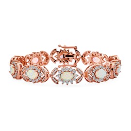 Bling Jewelry Gemstone CZ Cubic Zirconia & White Created Opal Bridal Statement Art Deco Vintage Style Bracelet for Women Rose Gold Overlay .925 Sterling Silver October 7 Inch