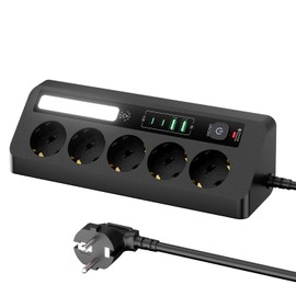 5 Way Power Strip with 4 USB Ports LED Lighting Surge Protected White (Black)
