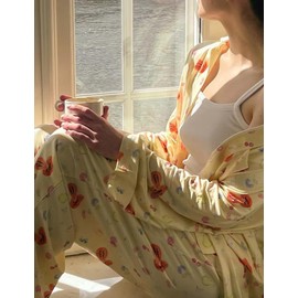 FHNUVB Women 2 Piece Floral Pajama Set Button Down Long Sleeve Wide Leg Fruit Set Cute Pjs Y2K Loungewear Sleepwear S-XL