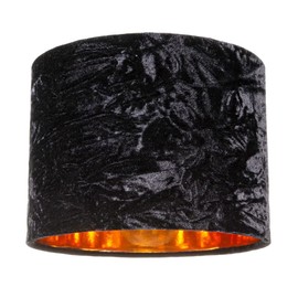 Modern and On-Trend Vivid Black Crushed Velvet Fabric 8" Table or Pendant Circular Drum Lampshade with Shiny Copper Inner - 40watt Maximum | Perfect for Residential or Commercial by Happy Homewares