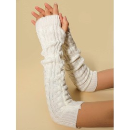 Verdusa Verdusa Women's Knitted Arm Warmers Long Fingerless Gloves White one-size
