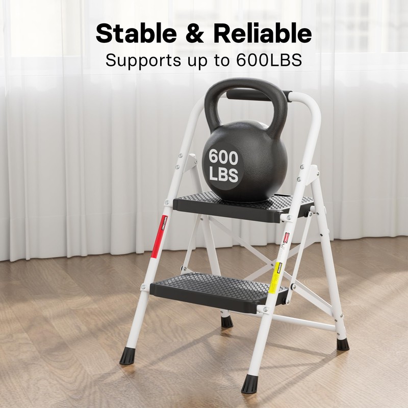 BONTEC 2-Step Ladder, Folding Step Stool, 600lbs Max Load Capacity,