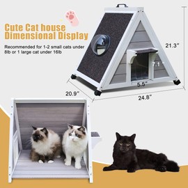 Deblue Weatherproof Cat House for Feral Cats, Outdoor Cat House for Small Cats, Unique Wooden Cat Shelter with Escape Door, Clear Window Fits for Small Pets - Grey