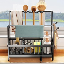 Wotendy Kitchen Sink Caddy with Drain Pan, Sponge Holder for Kitchen Sink with Higher Dishcloth Holder, Rustproof Stainless Steel Sink Caddy Organizer, Removable Brush Holder, Auto Drain Tray