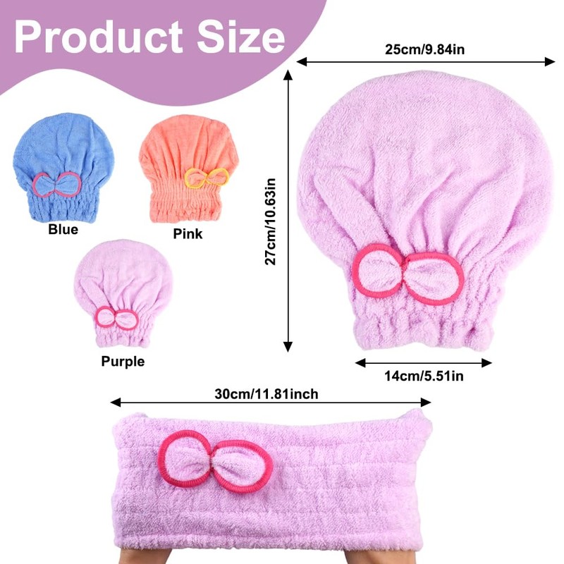 3 Stück Schnelltrocknend Haarhandtücher,Blau Pink Lila Niedliche Haarhandtuch mit Schleife,Haartrockner-Hut