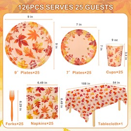 YMDOBIGER Fall Party Supplies, Thanksgiving Paper Plates and Napkins Cups Tablecloth Forks Maple Leaves Disposable Dinnerware for Autumn Harvest Thanksgiving Wedding Home Decor, Serves 25