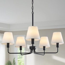Black Chandeliers for Dining Room 30” Bedroom Light Fixture with White Fabric Shade 5-Light Modern Farmhouse Chandelier Adjustable Pendant Lighting Fixtures for Kitchen Island,Living Room,Entryway