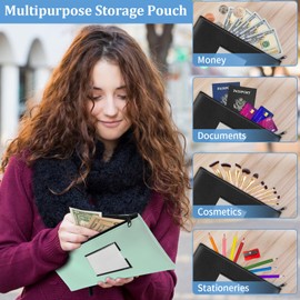 2 Pack Money Bags with Zipper, Bank Pouch with Label, 11 x 6.1 Inch PU Leather Cash Deposit Holder for Coins, Invoice, Bills, Cosmetics, Tools (Black & Aqua Blue)