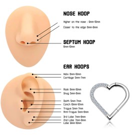 BOGKU Titanium Septum Nose Rings Hoops for Women Segment Nose Rings 16G 10mm Hypoallergenic Cartilage Conch Helix Rook Hoop Earrings (16 Gauge 10mm, Heart 3-Silver)