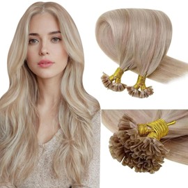 LaaVoo U Tip Hair Extensions Human Hair Ash Blonde Mix Bleach Blonde Utips Human Hair Extensions #18/613 Nail Hair Extensions Human Hair 20 Inch 50g/50s