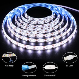 Tesfish 5V USB White LED Strip Lights, 6000K 9.84Ft Cuttable SMD2835 Flexible LED Rope Waterproof 180 LEDs Dimmable Plug LED Light Strip with Switch for Bedroom Kitchen Cabinet TV Decoration