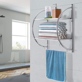 Bathroom Shelf with Towel Bar Shower Organizer Waterjoy Wall Mounted Chrome Towel Rack 2-Tier Toilet Bathroom Storage Rack, Rustproof