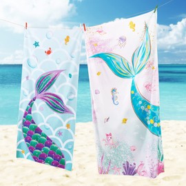 Beach Towel - Bath Towel 76 x 150cm Polyester Camping Towels for Kids Quick Dry Ultra Absorbent Super Soft Pool Shower Towel (Blue Mermaid)
