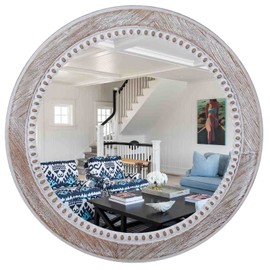 24'' Round Mirror Boho Wood Circle Mirrors with Beads, Decorative Wall Mirrors for Entryway, Bathroom, Bedroom, Living Room Rustic Farmhouse Hanging Mirror