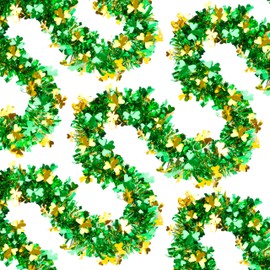 50FT St.Patrick's Day Tinsel Garland Shamrock Clover Green Gold Metallic Tinsel Twist Garland for Irish Party Home Decoration