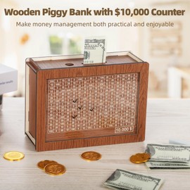 Cash Vault Wooden Money Box Piggy Bank for Adults with Counter Save Up to $10,000 Target Wooden Money Box for Cash and Coins Easy Assembly
