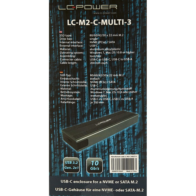 LC-Power M,2 LC-M2-C-MULTI-3 USB3.2M 2SSD Enclosure (NVMe and SATA)