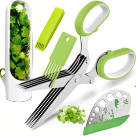 Herb scissors - Herb cutter scisoors with 5 blades and cover - 2024 Updated Sharp Multi-Blade Stainless Steel Herb cutting Shears for Kitchen; Kale and Herb Stripper with Herb Savor Pod (Bundle)