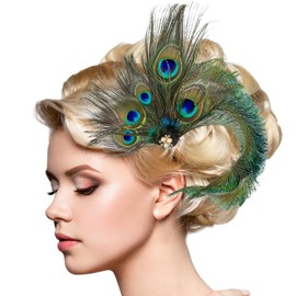 Peacock Feather Headpiece with Rhinestone Trim - Vintage 1920s Headband Hair Clip for Women, Carnival Costume Accessory, Cocktail Party Fancy Dress(Style F)