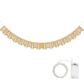 TaimeiMao Ramadan Kareem Banner, with Warm Yellow Fairy Lights, Reusable Eid Mubarak Banner, Muslim Ramadan Bunting, Cotton and Linen Flags