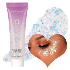 BADCOLOR White Face Body Glitter Gel, Holographic Shimmer Chunky Glitters Makeup for Hair Nails Eye Lips, Music Festival Concert Rave Accessories Party, Long Lasting Sparkling Mermaid Sequins Gel Kit