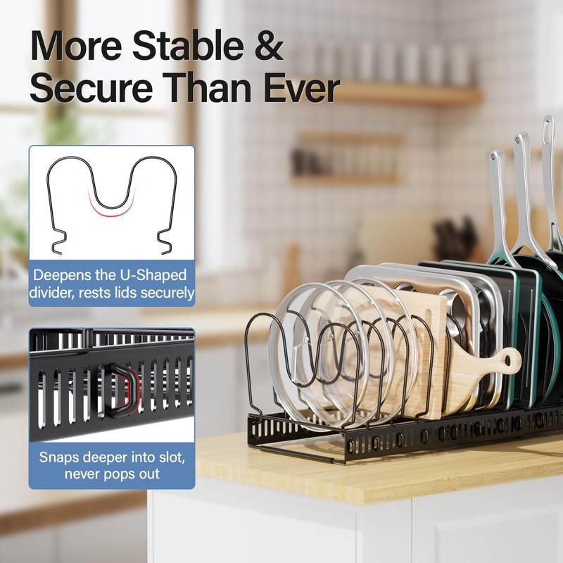 Expandable Pots and Pans Organizer under Cabinet with 14 Dividers