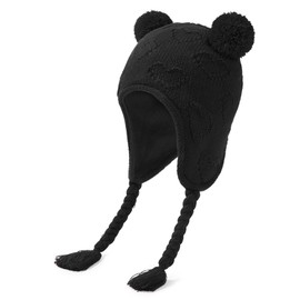 Durio Baby Winter Knitted Hat - Unisex Baby Hat Girls Kids Caps Boys with Bobble and Ear Protection Design Fleece Lining Beanie Hat, black