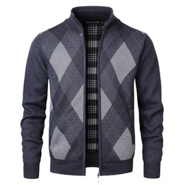 Herothorn Men's Argyle Cardigan Classic Full Zip Diamond Knitwear Fleece Lined Jumper Fine Knit Sweater with Pockets for Autumn Winter Black