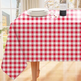 Artisan Flair Red and White Checkered Vinyl Tablecloths with Flannel Backing for Picnic/Party, Indoor Or Outdoor Dining-60" x 60"