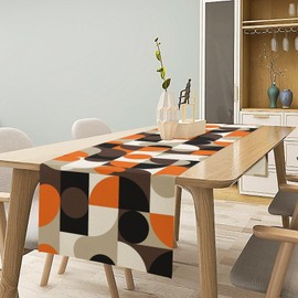 Camino de mesa geométrico de mediados de siglo, estilo nórdico abstracto semicírculo de lino para cocina, cena familiar, decoración de mesas modernas, 13 x 60 pulgadas