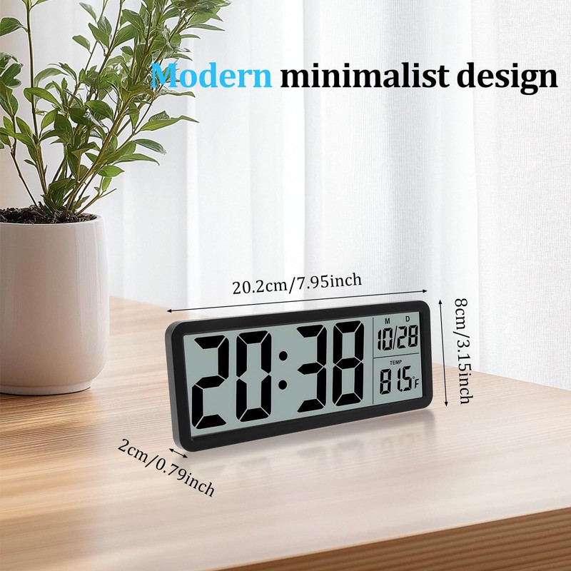 Silent Digital Wall Clock, with Large LED Temperature Display, Portable